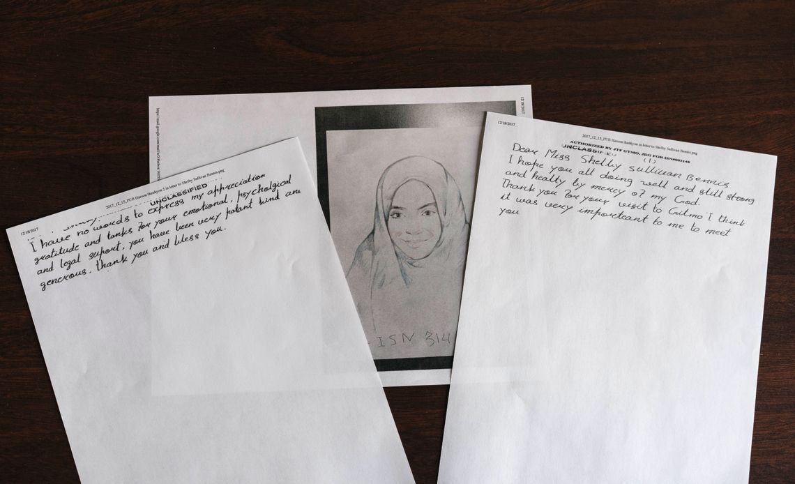 A copy of a letter written by Haroon Gul to his lawyer, Shelby Sullivan-Bennis, and a drawing he made of his daughter, Maryam.