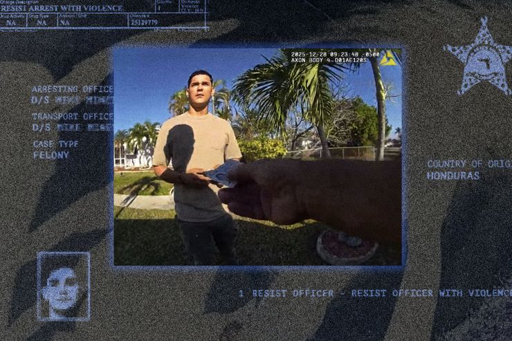 A photo illustration shows a still image from police bodycam footage, with a man with a medium skin tone handing his driver’s license to a deputy, and excerpts of records in blue and black tones.  
