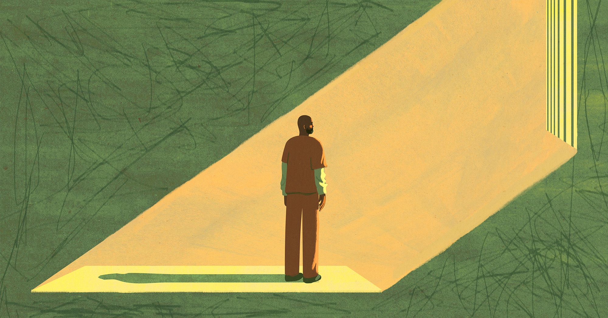 An illustration shows yellow light shining through a barred window, spotlighting a man in an orange prison uniform. The man stands in the middle of a room with green walls, facing the window.