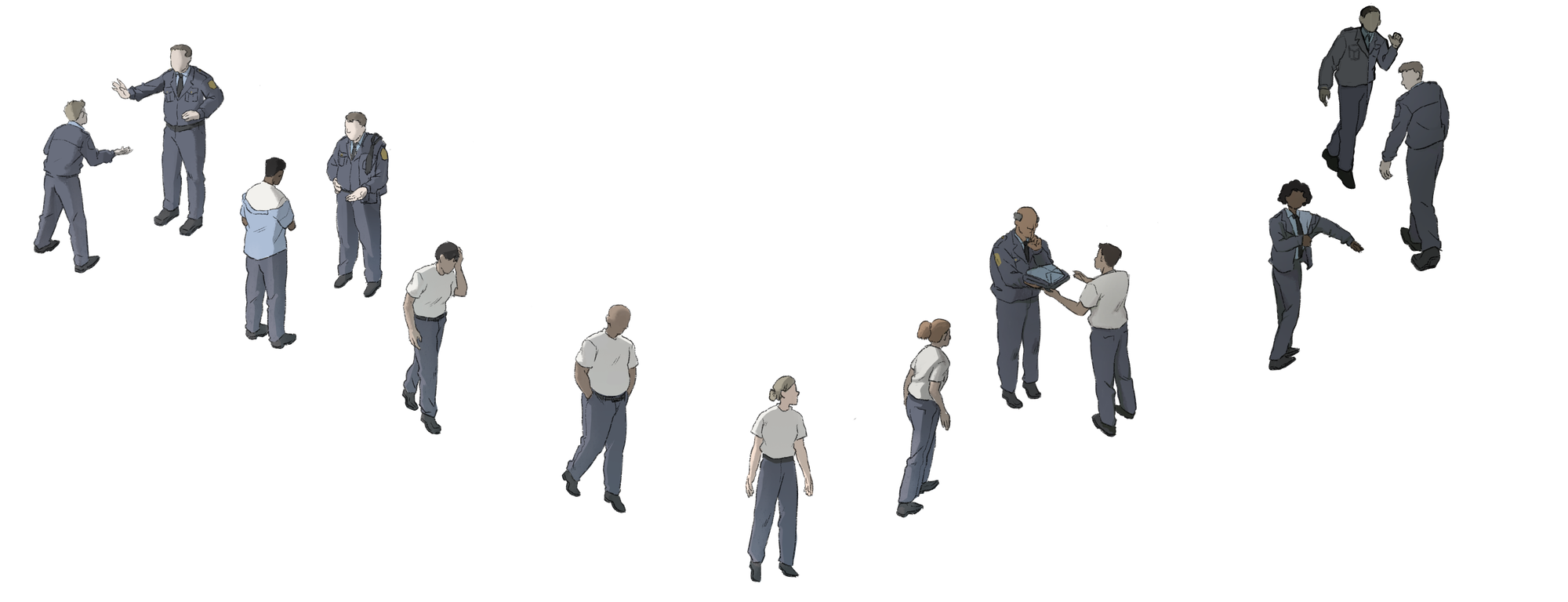 Correctional officers are being blocked on the left side of an illustration. They walk around a corner, removing their uniforms, only to be welcomed back on the right side of the illustration.  Their uniforms are returned to them in the process.  