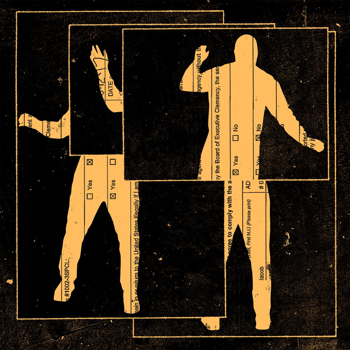 An illustration shows yellow silhouettes of a person in different outlined boxes against a grunge black and yellow background. 