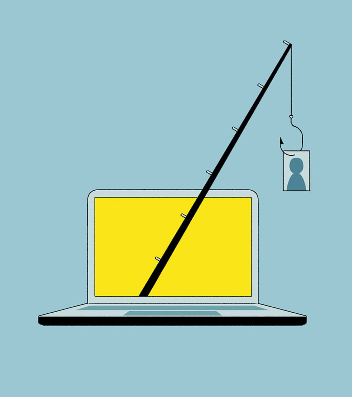 An illustration shows a laptop with a fishing pole coming out of the screen, with an icon of a person on the hook. The illustration has a mostly blue color scheme with some yellow details. 