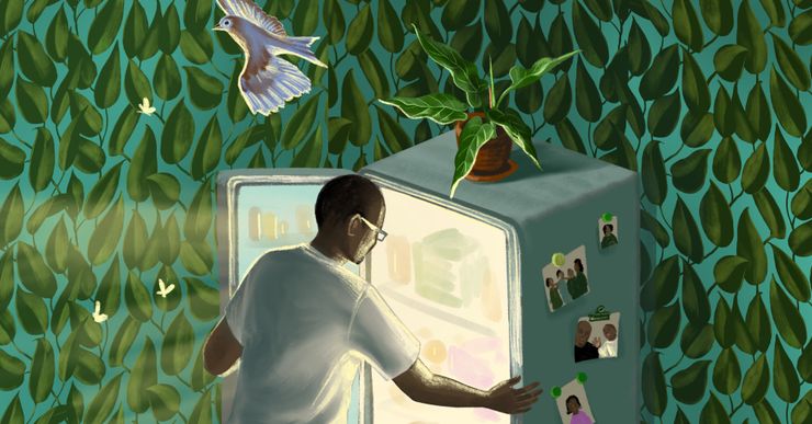 An illustration shows Bobby Bostic, a Black man, opening a refrigerator door.  Light shines out of the refrigerator.  Photos of family are on the side of the refrigerator.  A white dove flies above, and the background shows a pattern of leaves and plants.  