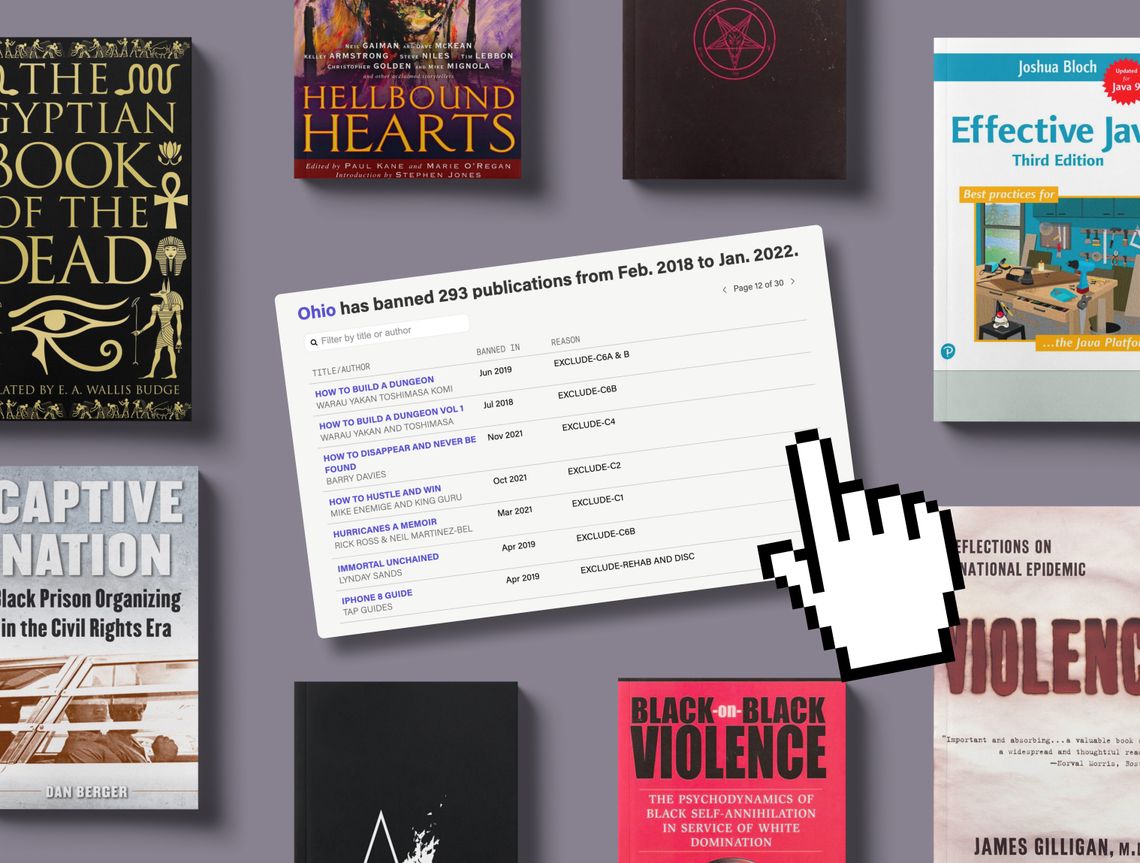 Eight cropped book covers with shadows behind them appear in a grid against a cream-colored background: “The Egyptian Book of the Dead,” “The Hellbound Heart,” “Captive Nation,” “Black on Black Violence,” “Violence: Reflections on a National Epidemic” and “Effective Java.” The center of the grid shows a pointer cursor hovering above an image of a tool displaying which books are banned in Ohio prisons.