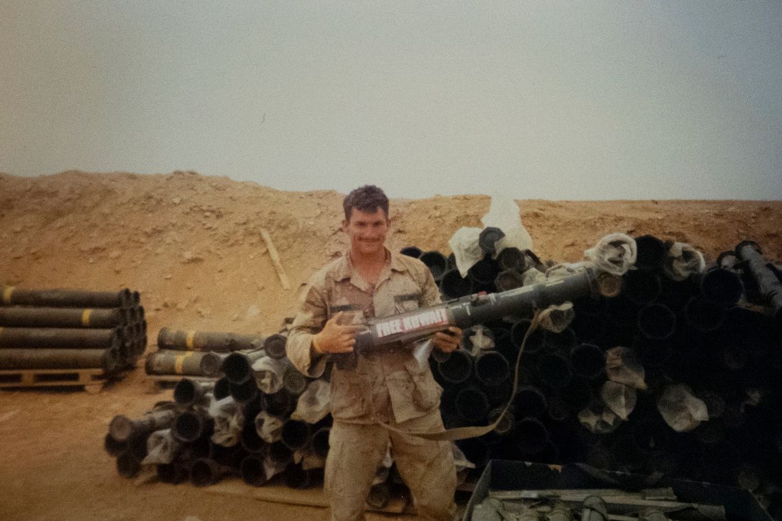 While serving in the Gulf War, Chuck lived in fear of being targeted by chemical weapons. He keeps an album of memories from that time, which he looks at often.