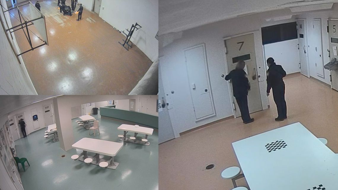 Clockwise from top left: A still image from a surveillance camera shows an indoor gym at a jail, with a man in an orange and white jail uniform on the ground as a group of corrections officers surrounds him; a still image from a surveillance camera shows a pod of jail cells, with two corrections officers standing outside a door with the number 7 on it; a still image from surveillance footage shows a jail pod, with a corrections officer looking into a cell. 