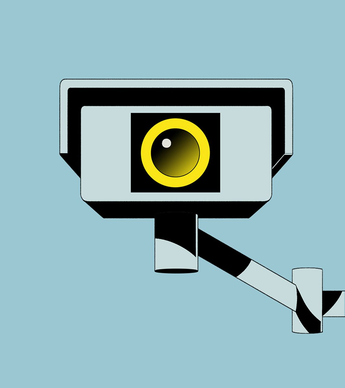 A blue-colored illustration shows a surveillance camera with a yellow lens.