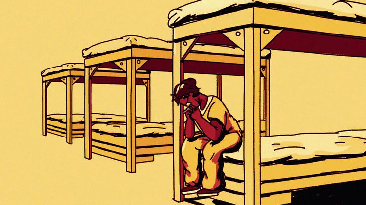 An illustration of a  brown-skinned man wearing a yellow jail jumpsuit sitting at the edge of a bunk bed, as two bunk beds sit empty in the background.    