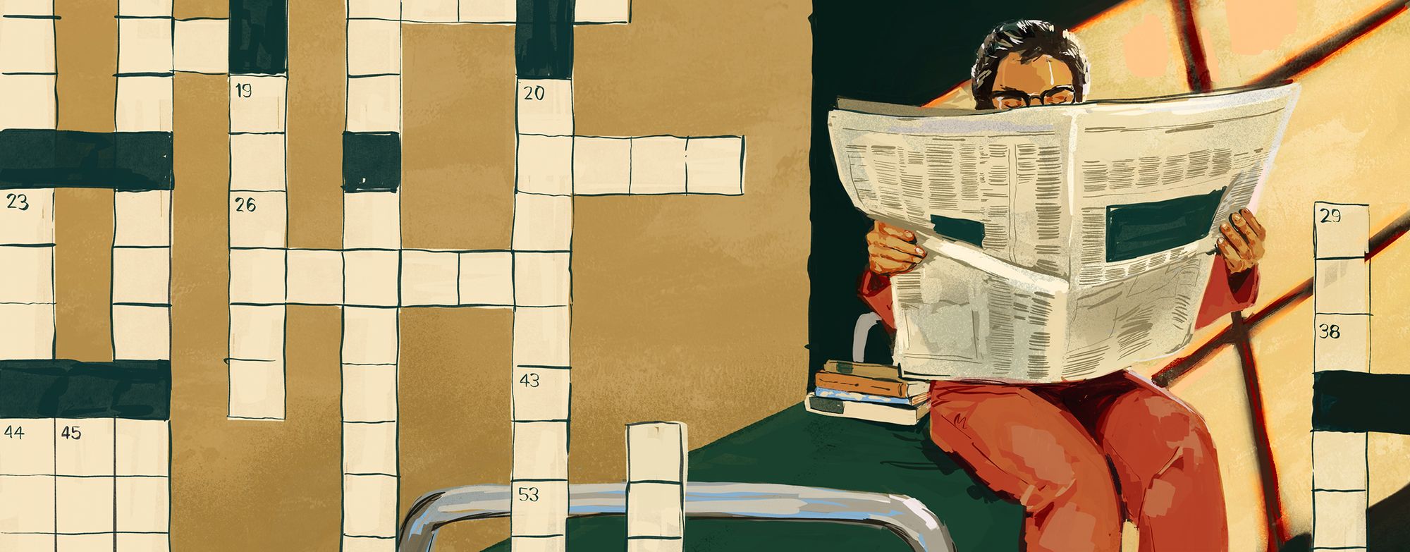 An illustration shows Susan Begg in an dark orange prison uniform, reading a newspaper while sitting on top of her prison bed. Various crossword puzzle columns and rows are displayed at the foreground. 