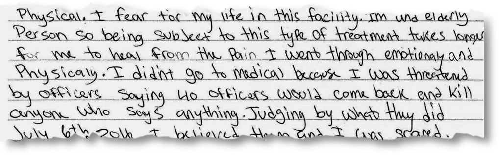 An excerpt from a letter written by an inmate who said he had been beaten. The inmates’ lawyer sent a letter to prison officials and state investigators demanding an investigation. 