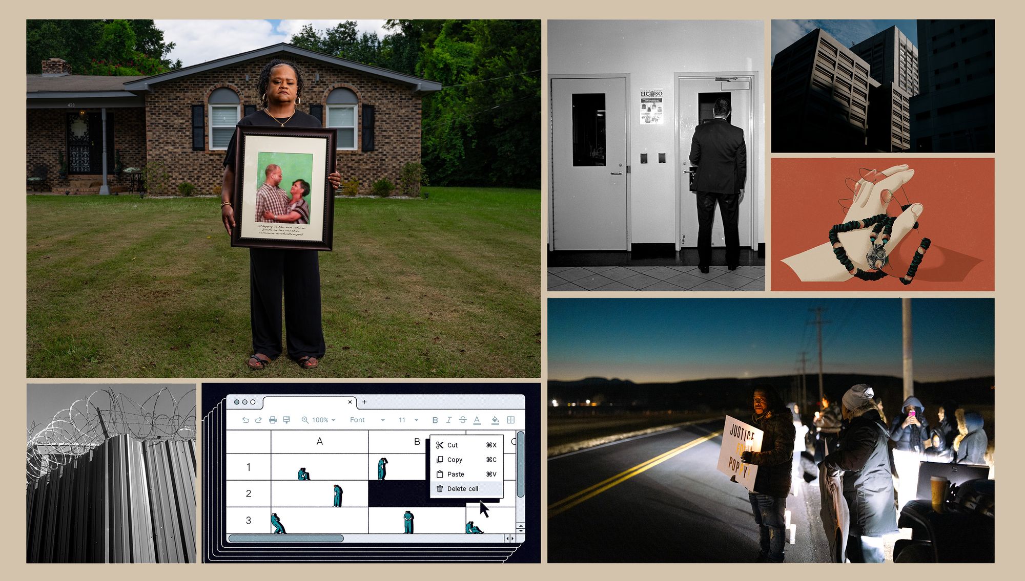A collage of photos and illustrations. Clockwise from top left: A photo of a Black woman holding a framed picture, of her embracing and looking toward her son, while posing for a portrait in front of her home; a photo of a man in a suit, seen from behind, standing in front of one of two doors; a photo of a beige building with narrow horizontal windows, and is partly in shadow; an illustration of a opaque hand interfacing fingers with a transparent hand and both hands being wrapped by a beaded necklace; a photo of protesters standing on the side of a road; ; an illustration of a spreadsheet, where the cells contain small drawn figures of people in teal-colored jumpsuits in different poses (sitting, standing, leaning). On the right is a menu of options: Cut, Copy, Paste and Delete Cell. Delete Cell is highlighted; and a photo of barbed wire. 