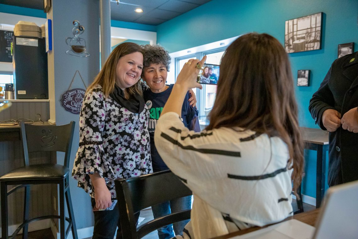 Tarra Simmons with campaign volunteer Debbie Hollyer, at a meet-and-greet with voters in Bremerton, Wash., in February.