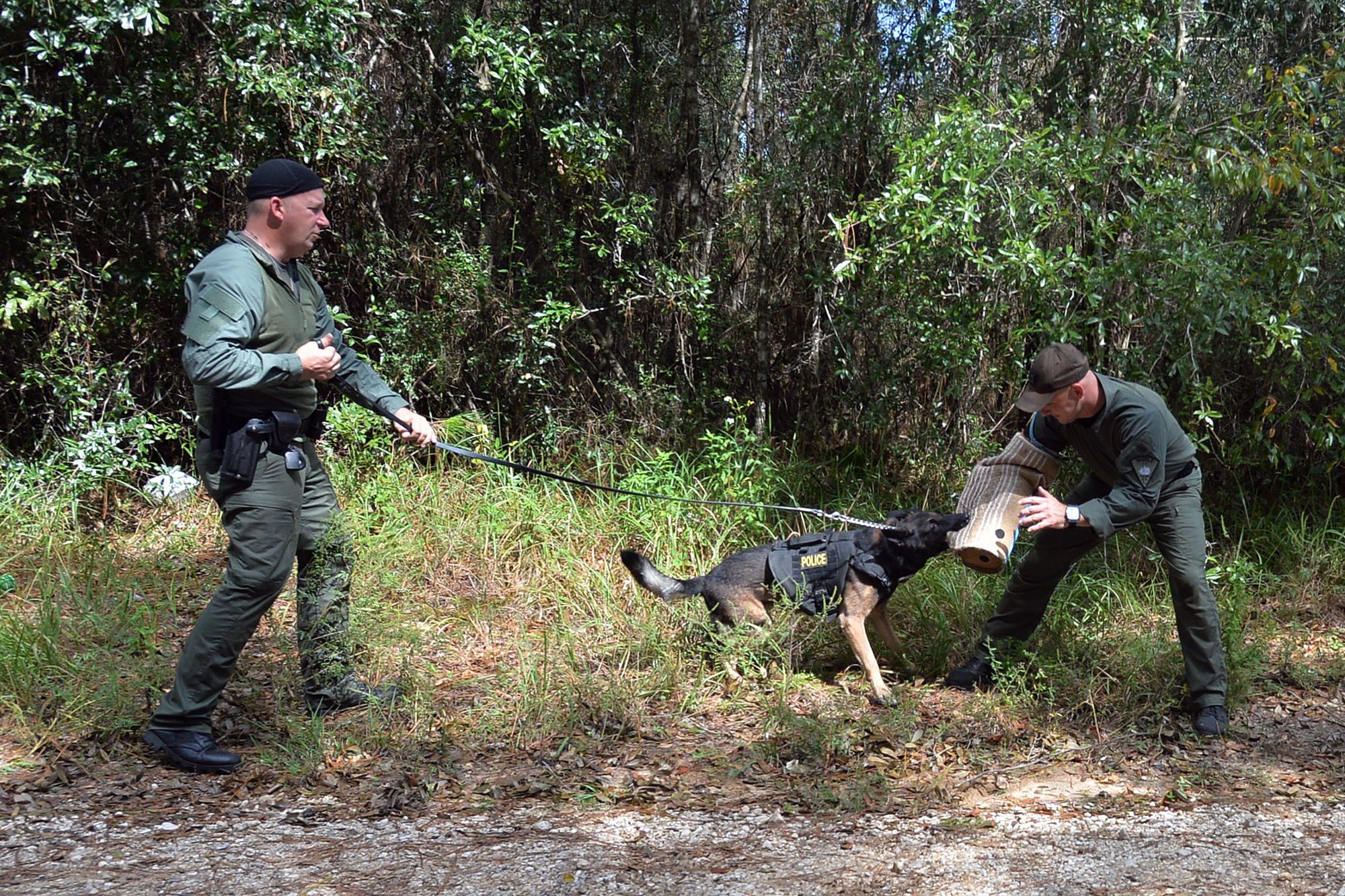 Officer William Byrd, left, commands his police dog during a training exercise in Mobile, Alabama, on Sept. 24, 2020. Officer Justin Washam wears a protective sleeve for a bite demonstration. 