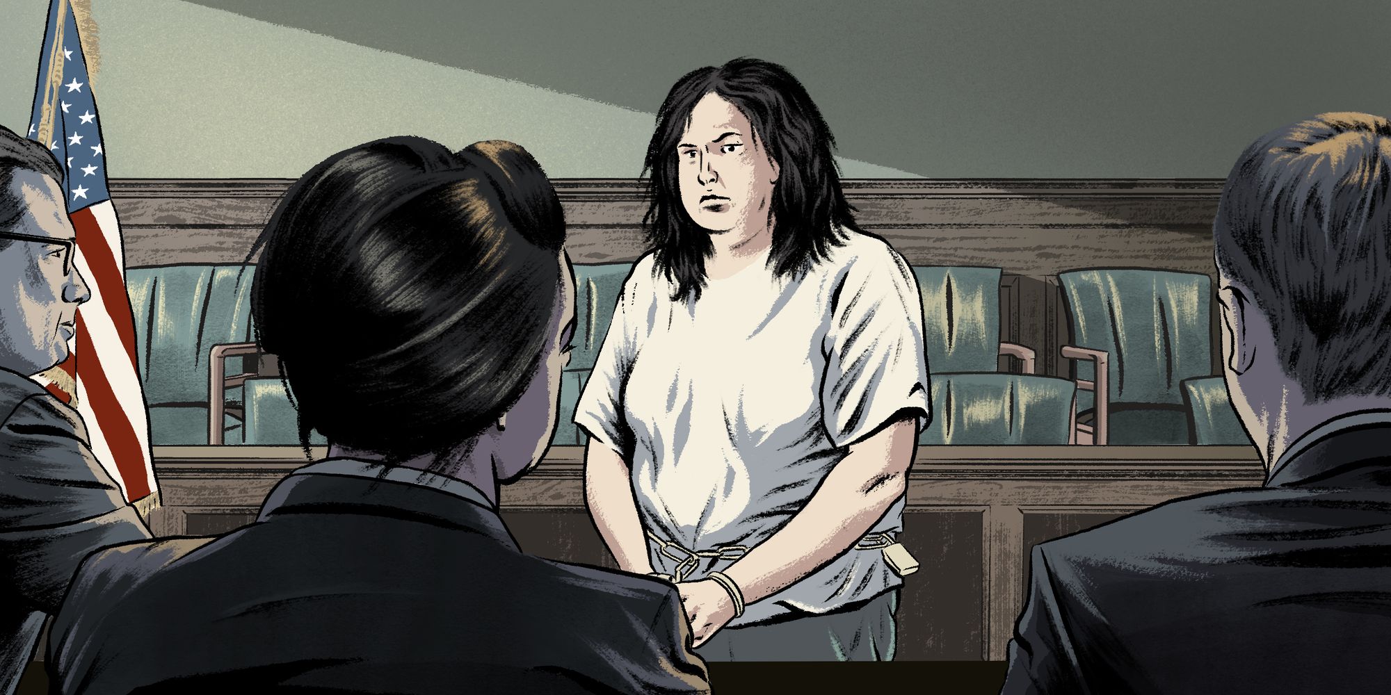 An illustration mostly in muted green, brown and blue shades shows Grace Pinson, a trans Latina with long dark hair wearing a white T-shirt, standing in a courtroom while wearing handcuffs linked to a chain at her waist. An American flag is on the left of the illustration, and three people in suits look at Grace with their backs to the viewer.   