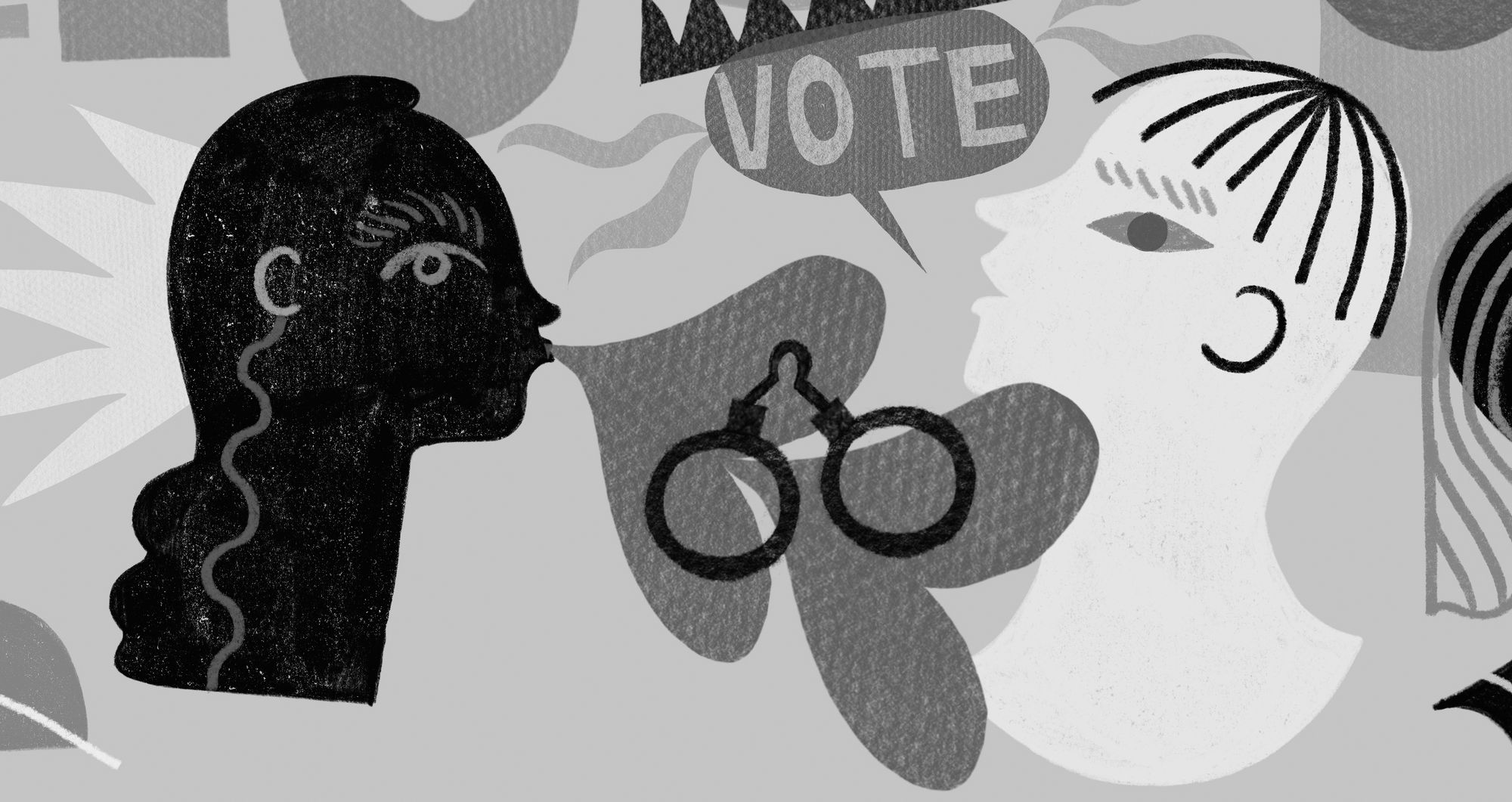 An illustration in grayscale shows, on the left, a person's head with a speech bubble coming out of their mouth, with a pair of handcuffs in it. On the right, there is a person’s head with “VOTE” in a speech bubble coming out of their mouth.  