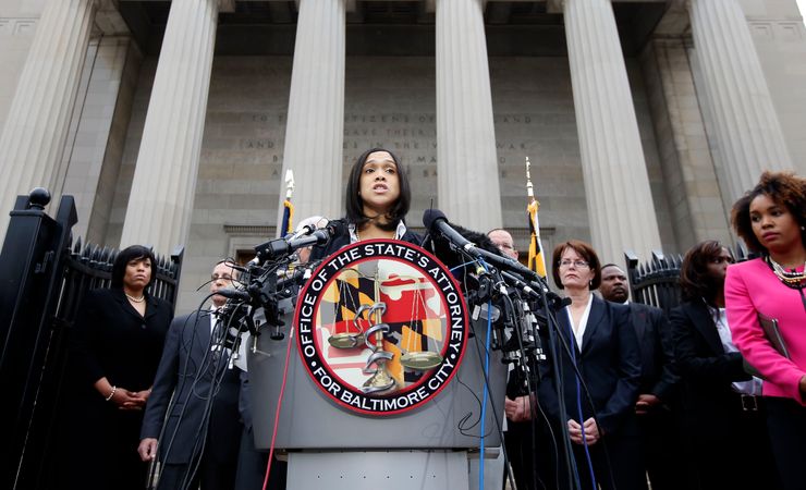 Marilyn Mosby announcing criminal charges against officers in the Freddie Gray case in May 2015.