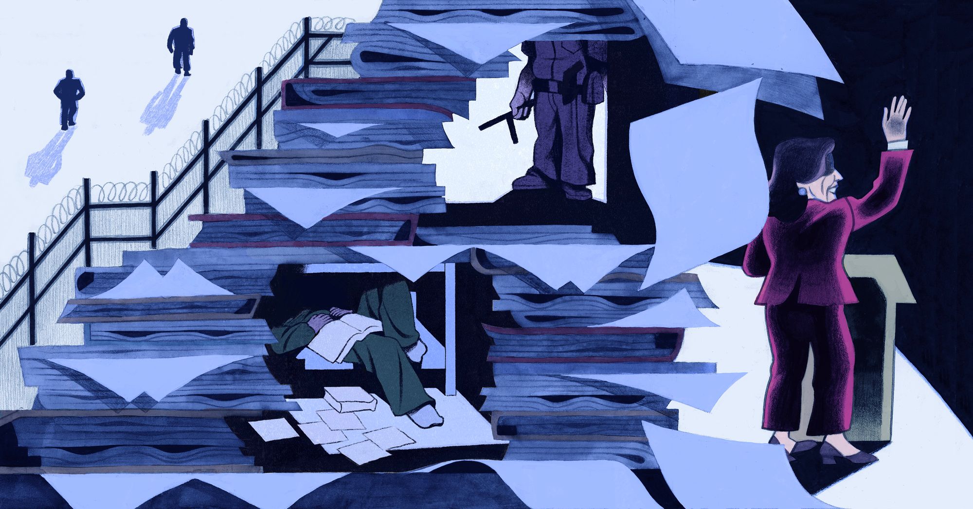 An illustration shows figures walking along next to a barbed wire fence, a large pile of paperwork, a person in a green prison uniform lying down with a book on top of them, a guard holding a baton stick and a woman in a red suit waving her hand while standing at a podium. 