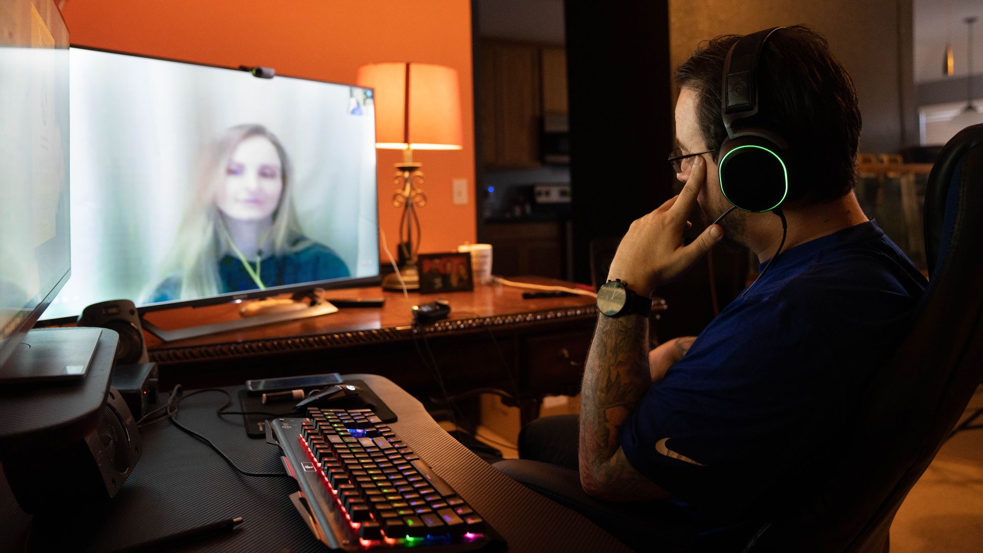 Mike April, who lives in Fort Worth, Texas, chats via online video with his wife, Heather April, who is incarcerated at Coffee Creek Correctional Facility in Oregon.