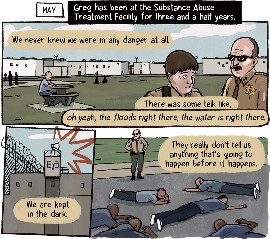 “We never knew we were in any danger at all,” says an unseen incarcerated person named Greg, who has been at the Substance Abuse Treatment Facility for three-and-a-half years, in May. He says there was some talk of floods but that he and others at Corcoran are “kept in the dark.” A man with light skin tone and brown hair listens to a corrections officer in the yard at the facility. A group of incarcerated people lie on the ground beneath the purview of the officer.