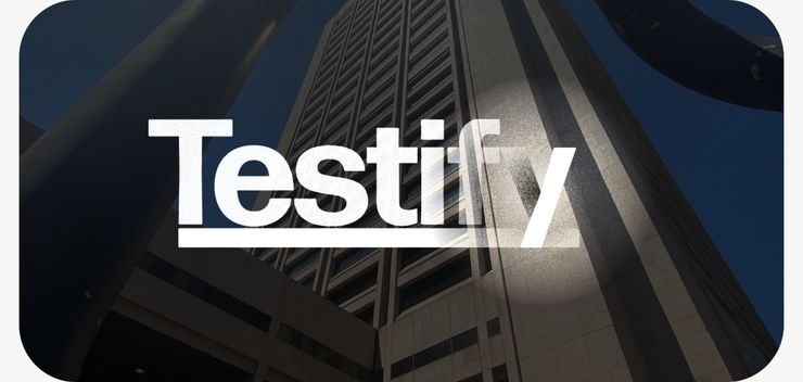 A photo of the Cuyahoga County Justice Center building is overlayed with the underlined word, "Testify". 