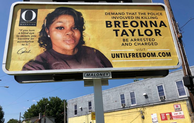 A billboard sponsored by O, The Oprah Magazine, is on display with an image of Breonna Taylor, in Louisville, Kentucky.