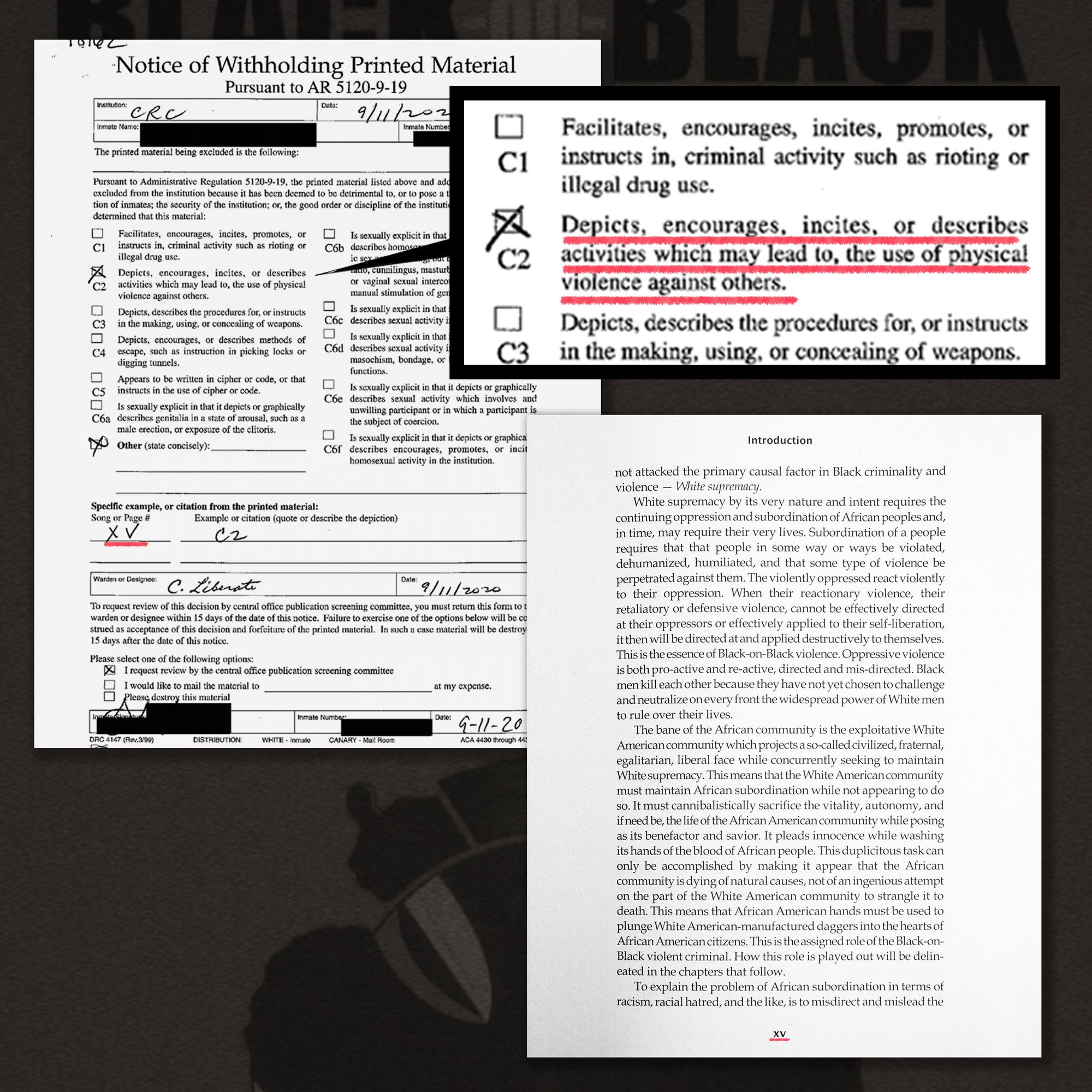 A notice of withholding form for “Black on Black Violence: The Psychodynamics of Black Self-Annihilation in Service of White Domination” shows a box checked saying the book could incite violence, citing page 15 of the introduction, shown on the right of the image. 