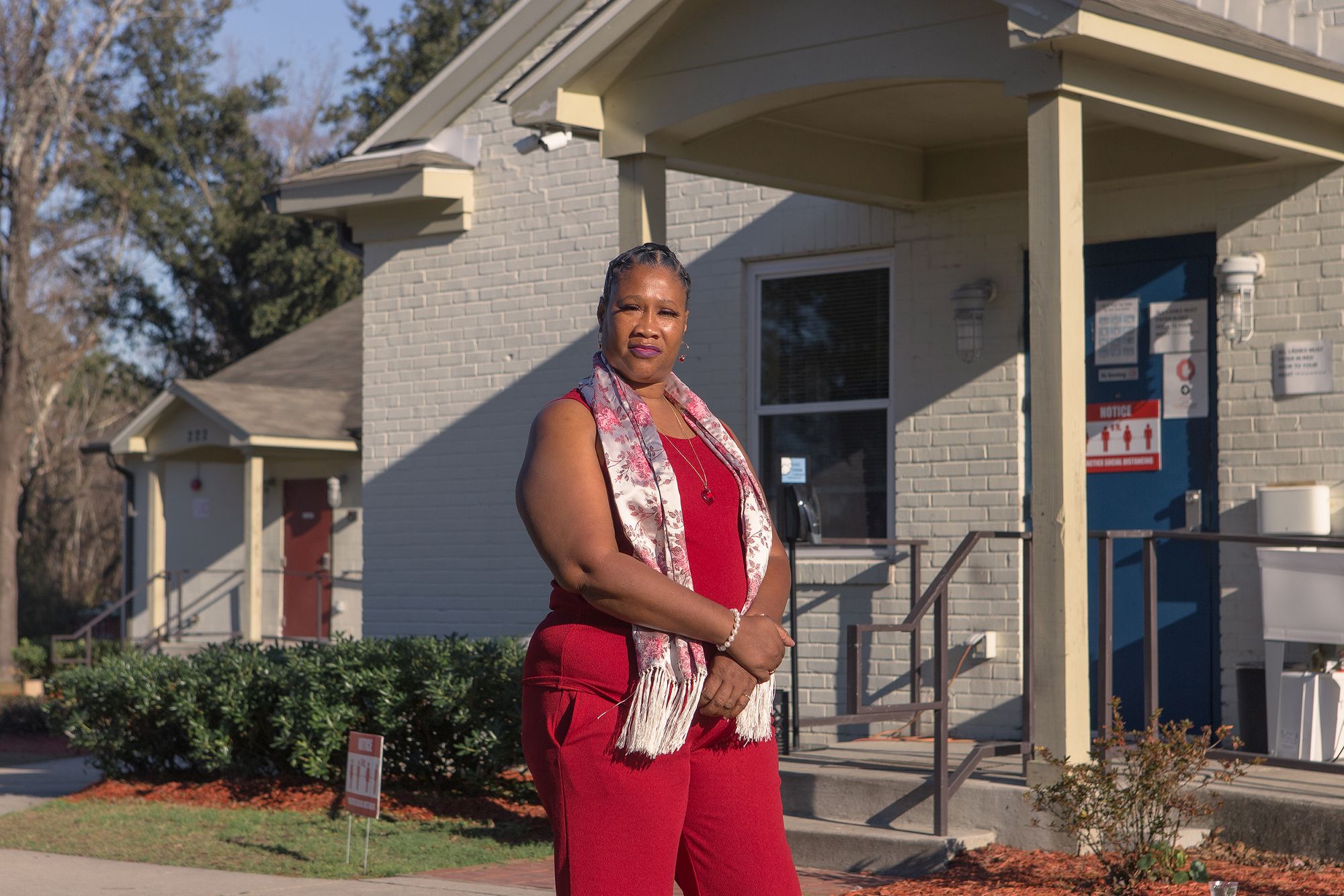 Nacola McNeil in front of the Leading Into New Communities (LINC) transitional housing in Wilmington, NC, in January. 