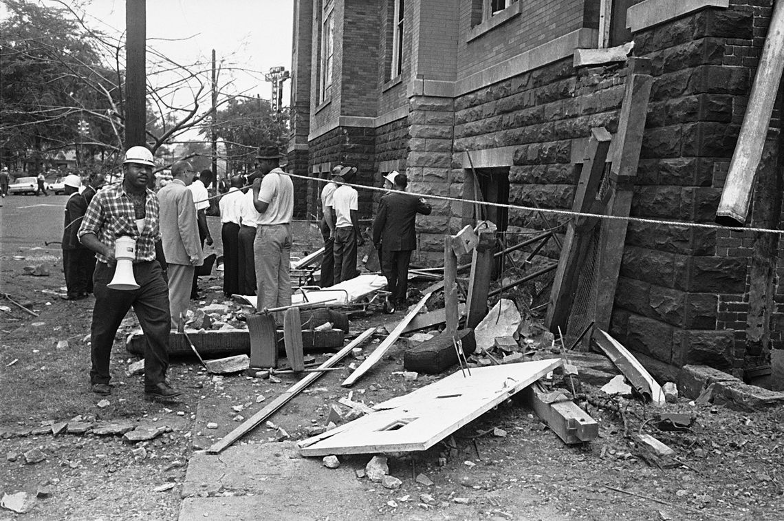 Debris near the basement of the 16th Street Baptist Church in Birmingham, Ala., where an explosion killed four girls on Sept. 15, 1963. 
