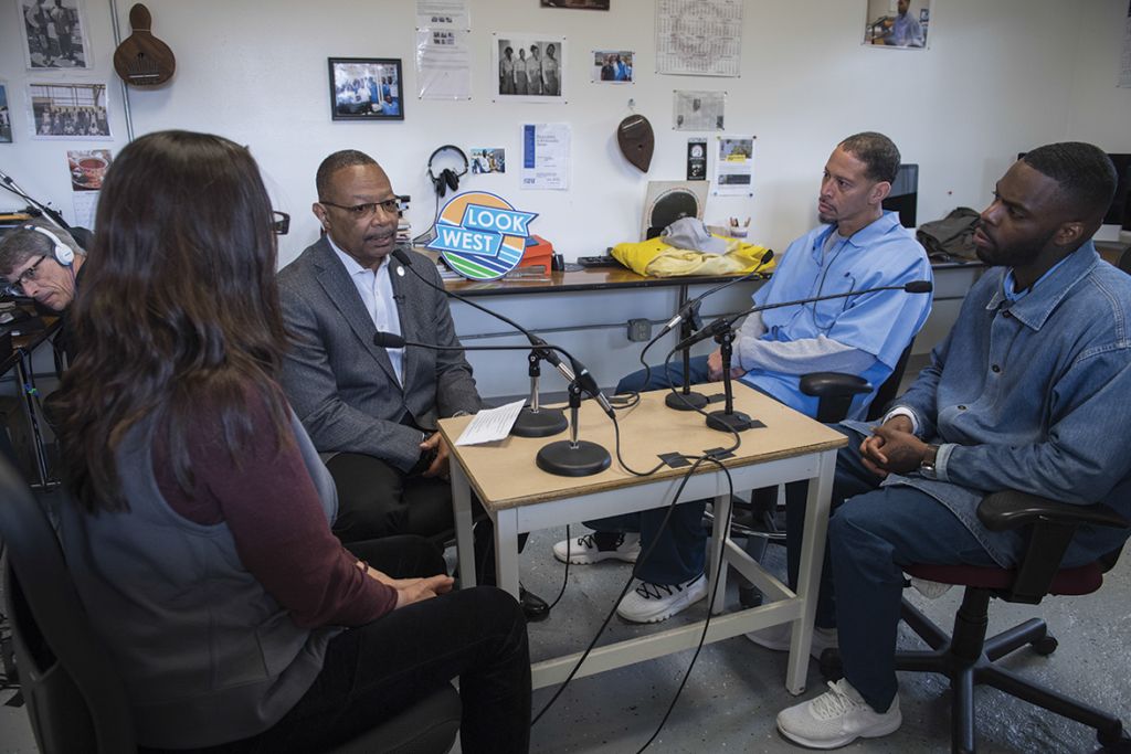 From left, Ear Hustle’s Nigel Poor, Assemblyman Reginald Bryon Jones-Sawyer of California, Rahsaan Thomas and Antwan Williams. 