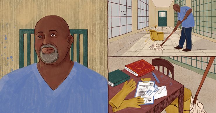 A portrait of a Black man with a gray beard in a blue prison uniform is on the left panel. On the top right panel, the Black man mops the floor of a hallway. The bottom right panel shows a bucket and mop next to a table with a copy of the Quran and a copy of "The Autobiography of Malcolm X," a document of 136 working hours, a donation envelope of $17.74, and yellow gloves.