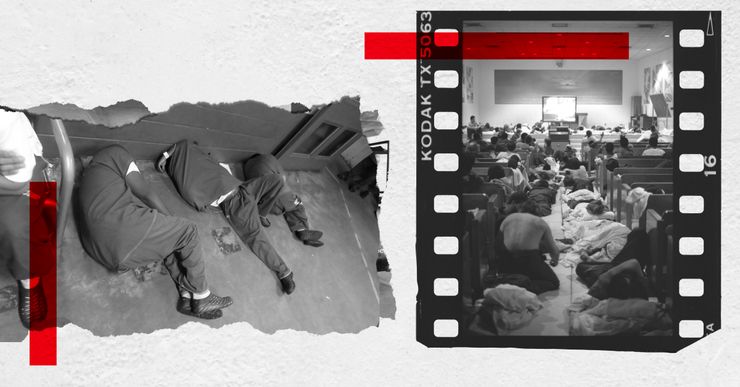 A collage shows two black-and-white images. The photo on the left shows three men sleeping on the floor of a jail. The film scan on the right depicts several incarcerated men sleeping or watching TV in Central Jail’s chapel.