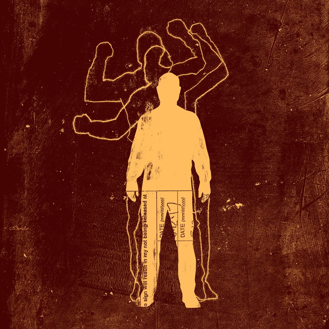 An illustration shows a yellow silhouette of a person standing against a grunge burgundy and yellow background. Yellow outlines of a person raising their fists are marked behind the silhouette. 