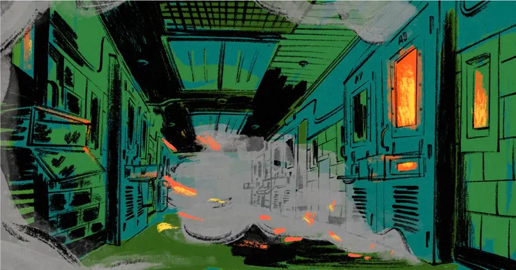 An illustration shows flames behind a prison cell door as smoke billows into a green hallway.