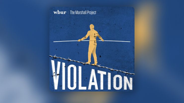 A podcast logo set atop a blurry blue and yellow background. In the logo, a yellow figure balances on top of a tightrope made out of barbed wire. Below, in all caps: “Violation.”