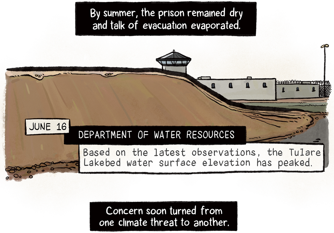 By mid-June, the prison remained dry. Talk of evacuation evaporated. Water levels had peaked, according to the Department of Water Resources. Next to Corcoran, a high mound of shoreline sits above the water.
