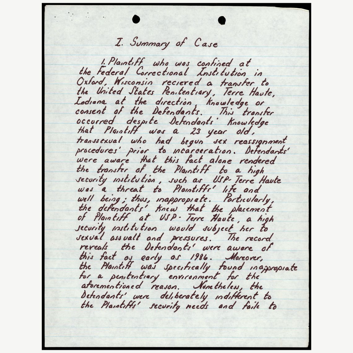 A scanned document from a complaint by Dee Farmer in 1991.