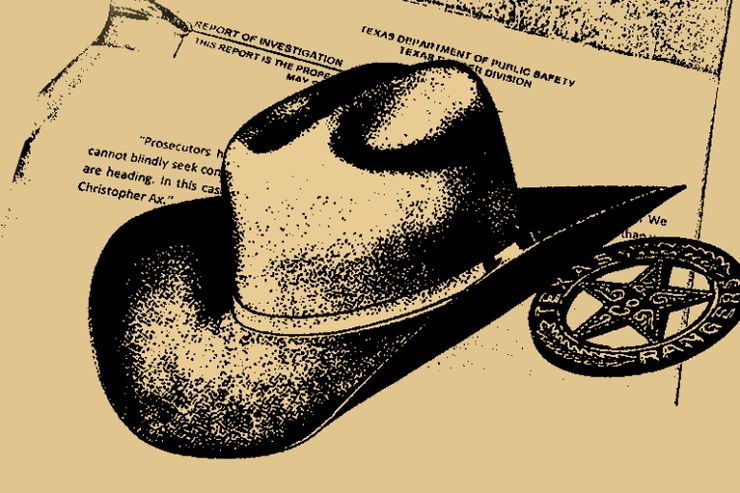 A sheriff hat and badge on a cream-colored background that includes a document from the Texas Department of Public Safety.