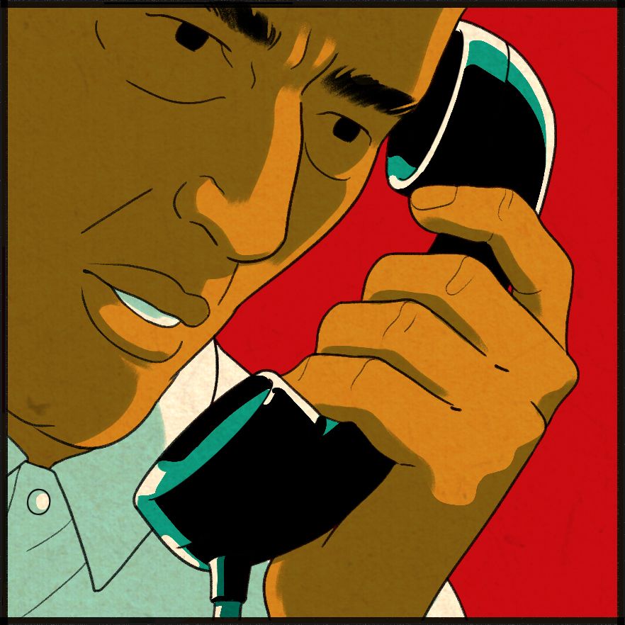 An illustration shows a jail employee with medium skin tone with a phone up to his ear. 