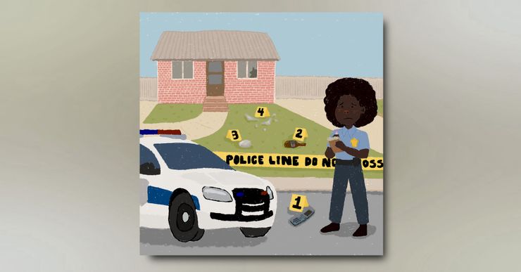 An illustration shows a crime scene investigation with a house surrounded by police tape and four evidence number cards placed on the ground. A police car is parked on the road, and a Black police officer takes notes while standing to the right of the vehicle. 
