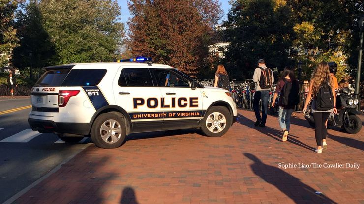 A campus police vehicle in front of Clark Hall at the University of Virginia in Charlottesville, Va., in 2016.