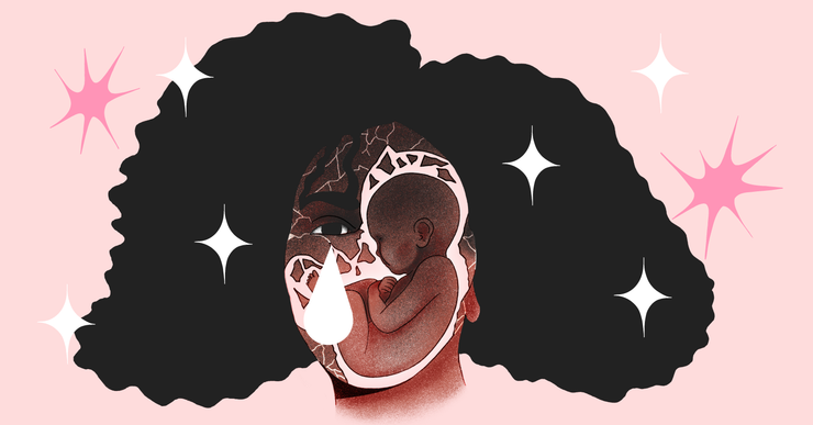 An illustration shows a baby in fetal position within a broken face of a Black woman, surrounded by shattered pieces. A white teardrop is shown under an eye of the broken face. In the background, pink and white sparkles are positioned throughout the illustration.