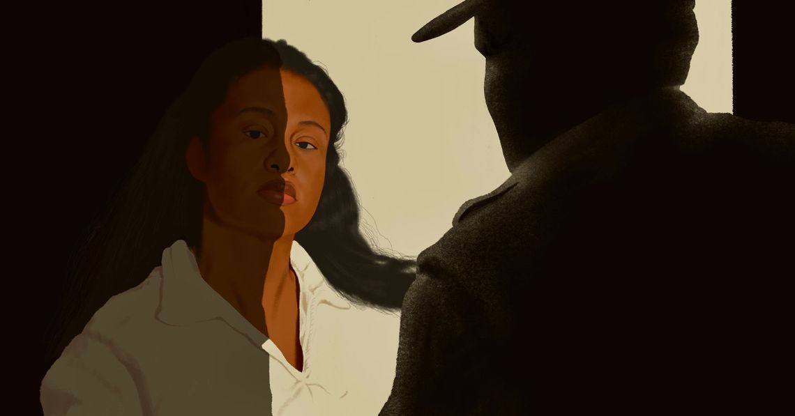 An illustration shows a Black woman in a cream-colored prison uniform looking at a silhouette of a guard. 