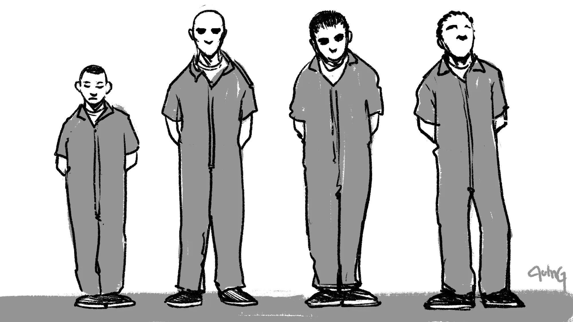 A grayscale illustration shows four male-presenting youth in prison uniforms standing in a row.   