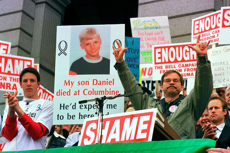 Tom Mauser, father of slain Columbine High School student Daniel Mauser, spoke at an anti-gun protest outside the Colorado State Capitol in Denver on April 30, 1999.