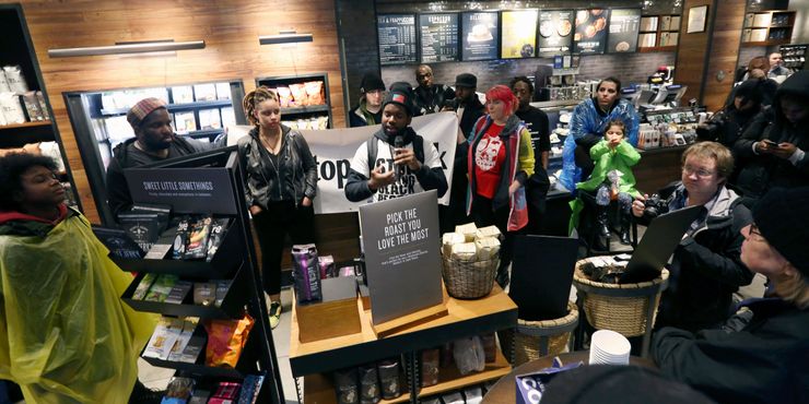 Demonstrators occupy the Starbucks where two African-American men were arrested after employees said they were trespassing, in Philadelphia in April.