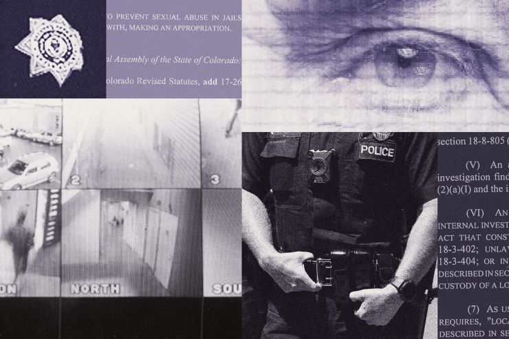 Purple-toned collage featuring a police badge, surveillance footage, a close-up of an eye, a police officer wearing a body camera and excerpts from Colorado law.
Caption: Over the course of five years, Aber allegedly logged into the county’s evidence database more than 3,000 times and viewed strip search videos of 117 incarcerated women, according to county and state officials.