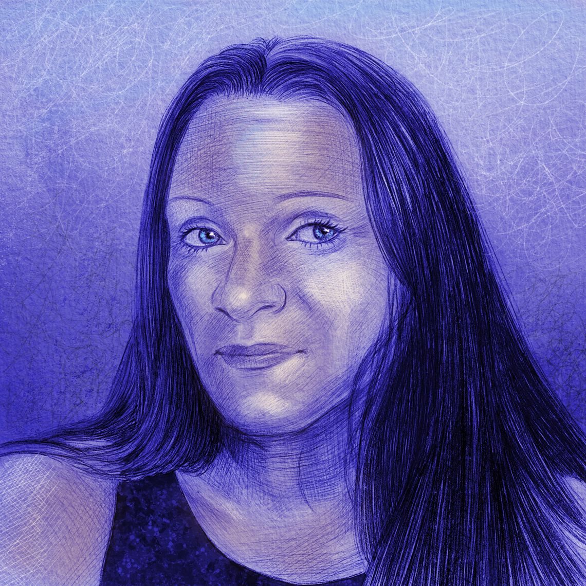 An illustration in purple tones shows a portrait of a woman with blue eyes, with her hair down and wearing a tank top. 