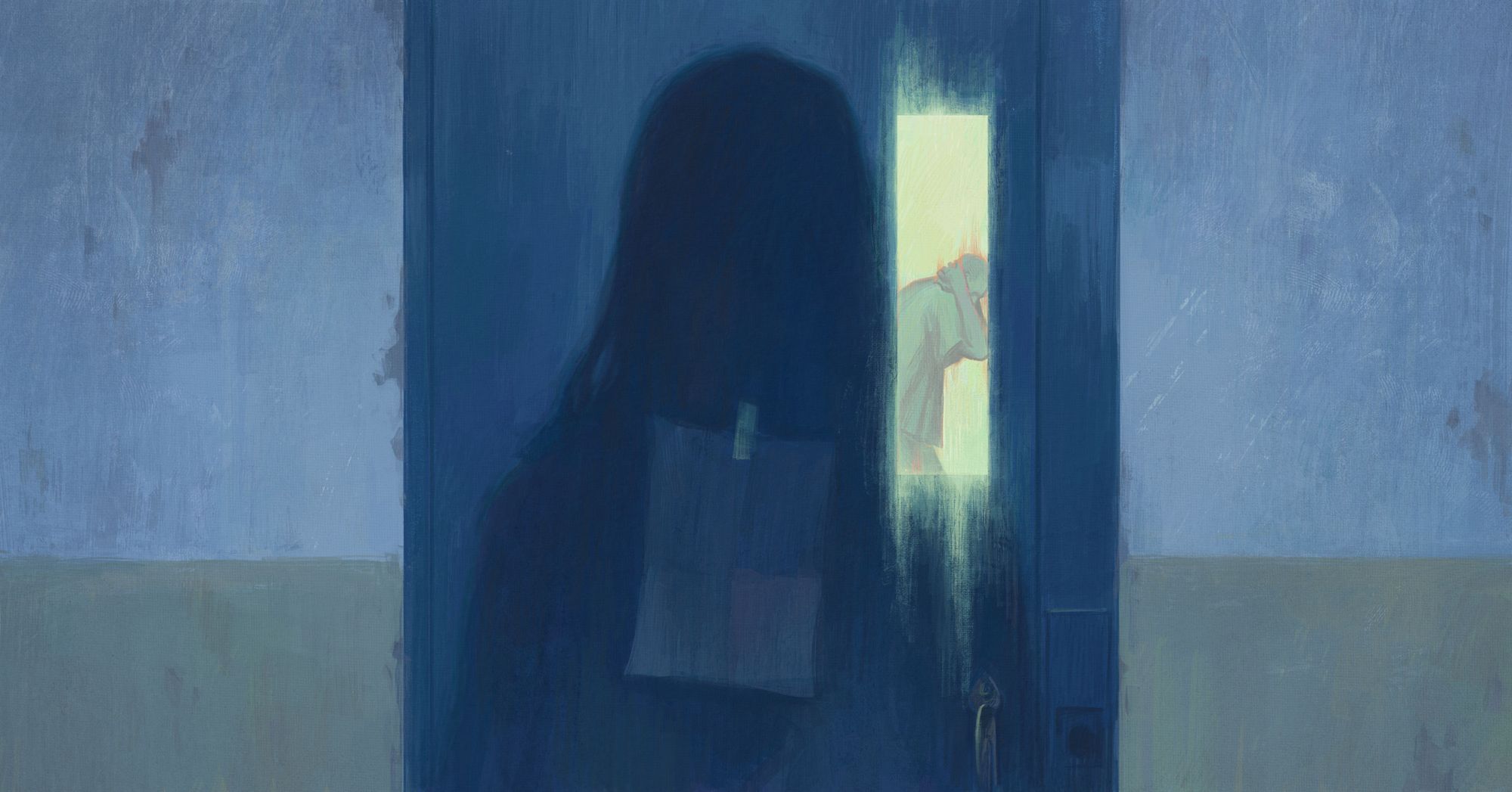 An illustration with blue and yellow tones shows the shadow of a woman with long hair over a prison door with a narrow window. A man in distress is partially visible through the window.  