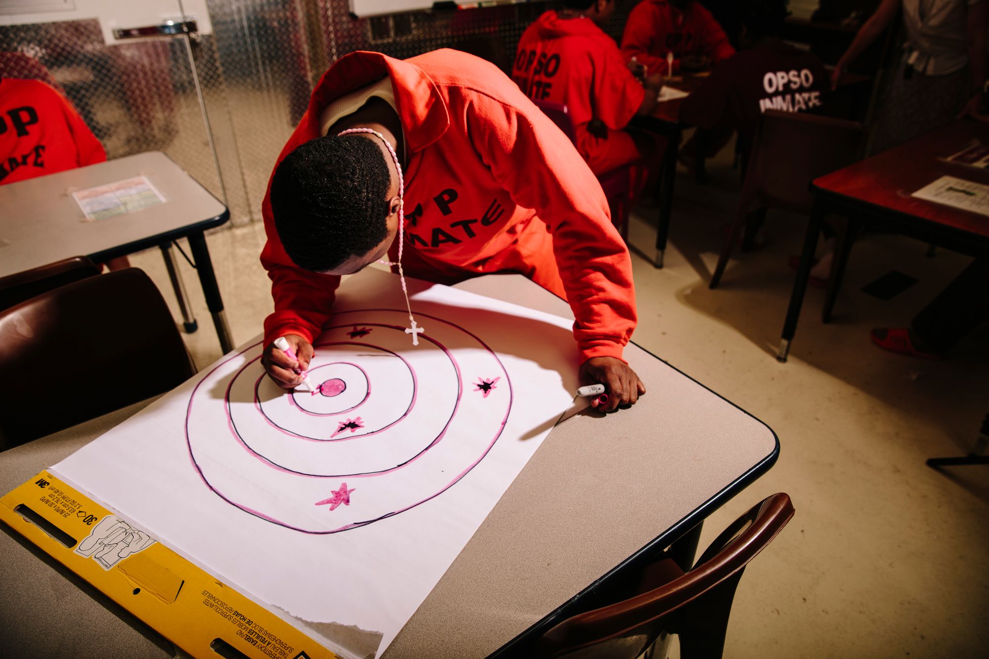 A student draws a bulls-eye to test the accuracy of catapults.