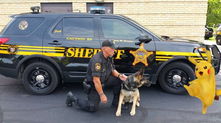 The Franklin County, Ohio, Sheriff’s Office posted this photo of Deputy Michael Severance, K9 Jack and Pikachu to its Facebook page on July 11, along with a message for residents to use caution while playing Pokémon Go near law enforcement facilities.